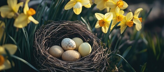 Nest with colorful Easter eggs surrounded by vibrant yellow daffodils in a spring garden setting capturing the essence of the season