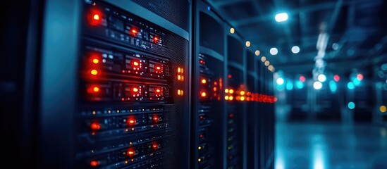 Fototapeta premium Modern data center with illuminated computer servers highlighting data management and infrastructure technology in a secure environment