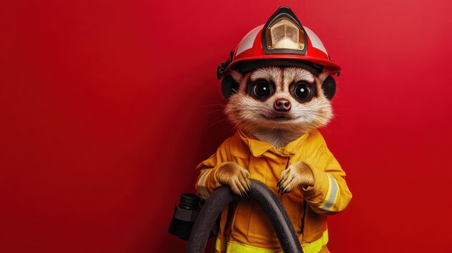 Playful Meerkat Dressed as a Firefighter Holding a Hose