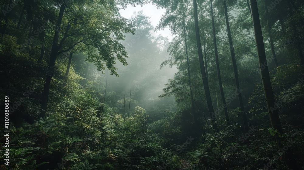 Poster lush, misty forest with sunlight filtering through trees, creating a serene and tranquil atmosphere.