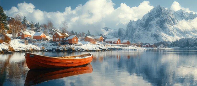 Scenic winter view of Tind fishing village with colorful houses and tranquil waters reflecting snow-capped mountains and dramatic clouds.