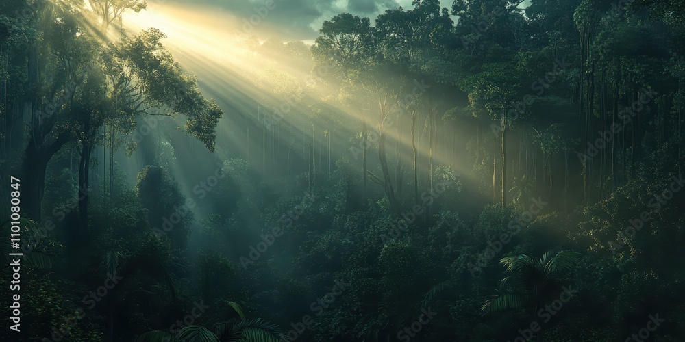 Poster a serene forest scene with sunlight streaming through dense trees, creating an ethereal atmosphere i