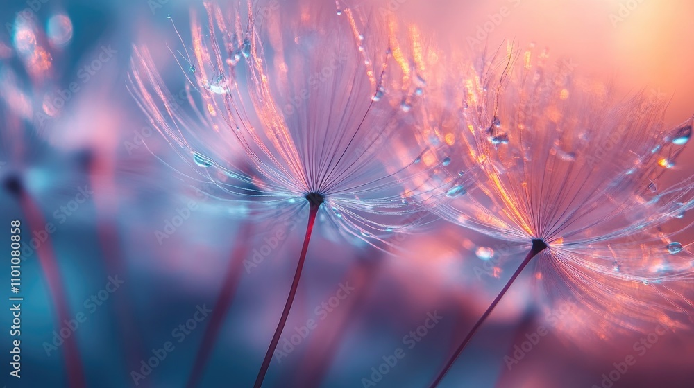 Poster close up of delicate dandelion seeds with soft bokeh effect and gentle water droplets glistening in 