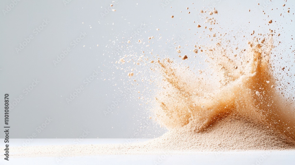 Poster a dynamic burst of fine powder creates a visually striking splash against a minimalist background, e