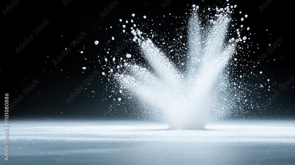 Poster a dynamic splash of white powder creates a striking visual effect against a dark background, emphasi
