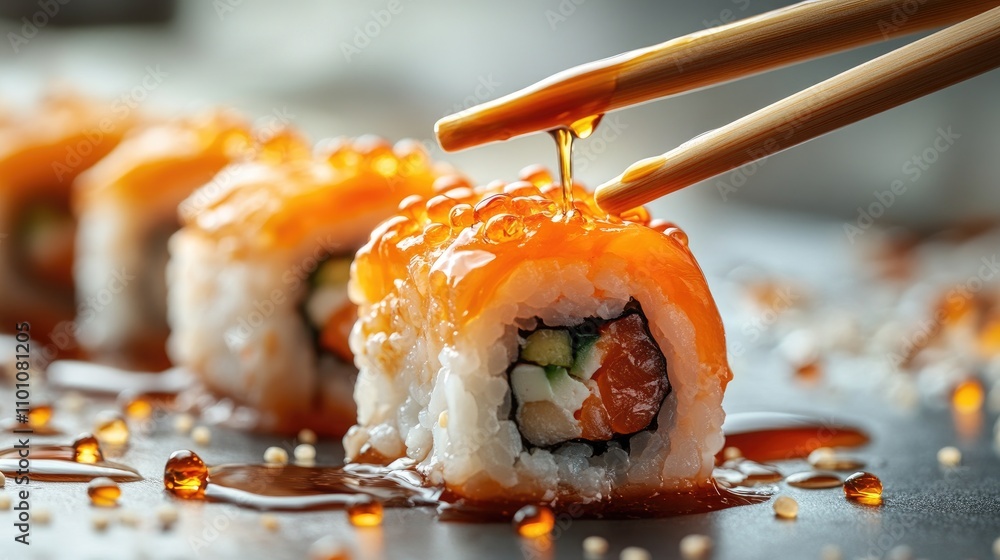 Aufkleber soy sauce dripping from sushi rolls held by chopsticks on a dark table with sesame seeds creating an
