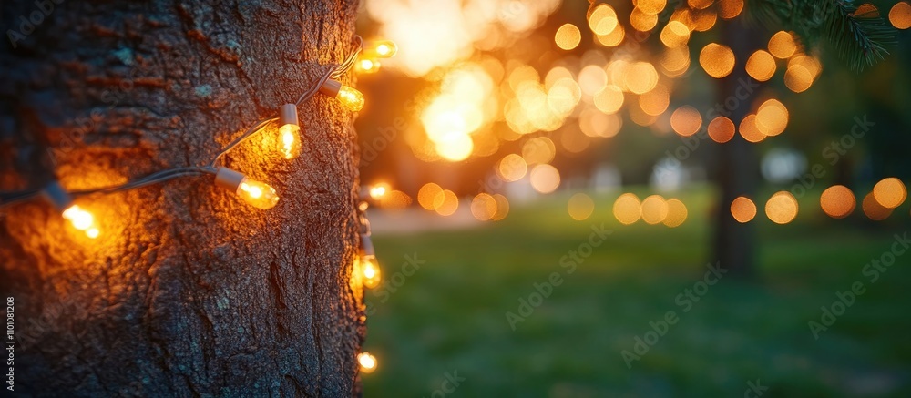 Poster festive tree trunk adorned with warm glowing lights creating a magical bokeh effect in a tranquil ou