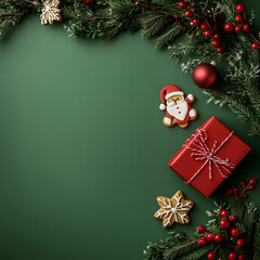 template cover for advertising , marketing, product on Christmas day, New Year's background with Christmas decor on a green background.