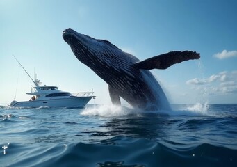 Naklejka premium Humpback whale breaches in ocean near fishing boat in bright daylight