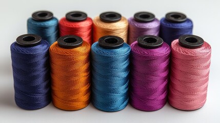 Colorful assortment of thread spools arranged neatly on white background showcasing vibrant hues for sewing and crafting projects