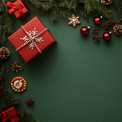 template cover for advertising , marketing, product on Christmas day, New Year's background with Christmas decor on a green background.