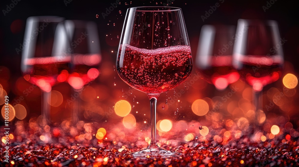 Poster elegant red wine pouring into a glass with sparkling bubbles surrounded by empty glasses and shimmer