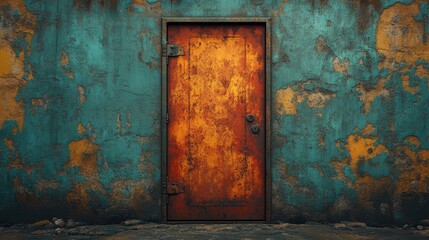 Weathered metal door on a textured turquoise wall showcasing rustic charm and vibrant colors in a weathered urban setting.
