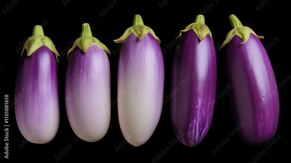 Poster variety of fresh eggplants arranged in a line displaying different colors and sizes on a contrasting