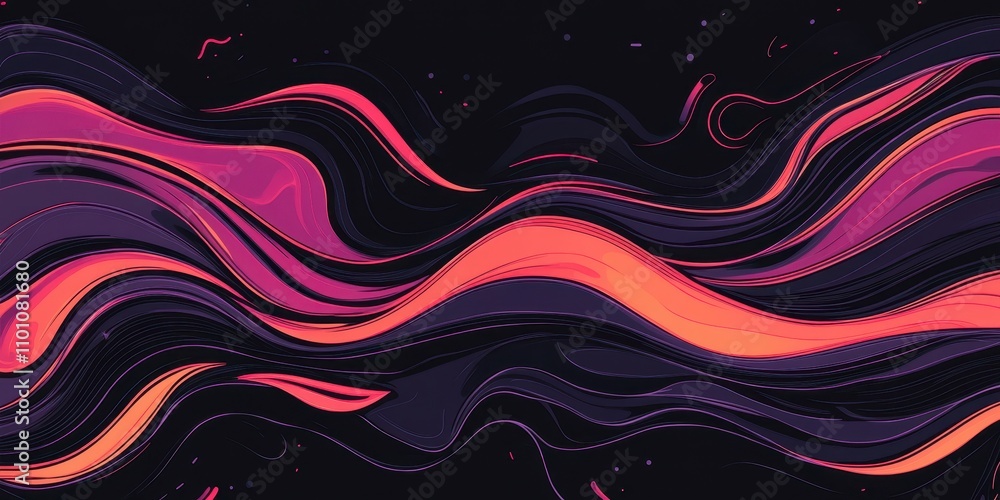 Poster A vibrant abstract design featuring flowing waves of pink and orange against a dark background, creating a dynamic visual rhythm.