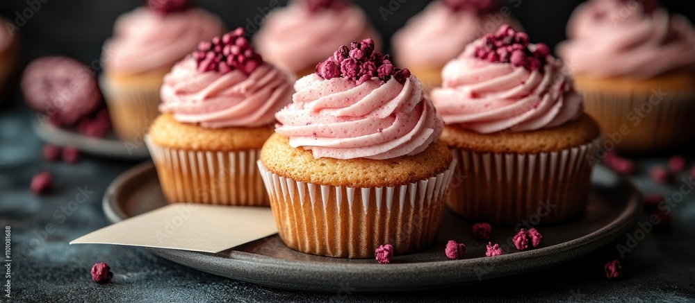 Poster cupcakes with pink frosting and raspberry toppings served on a plate with a blank card for personali
