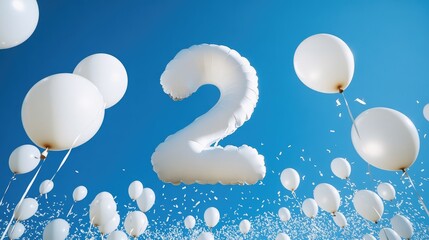 Floating white balloons and a large fluffy number two against a bright blue sky, creating a festive celebration atmosphere.