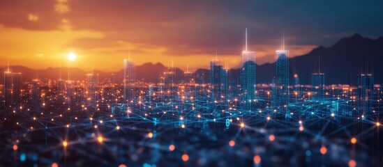Urban development visualization with big data hologram overlay against skyscrapers at sunset showcasing interconnected cityscapes and technology.