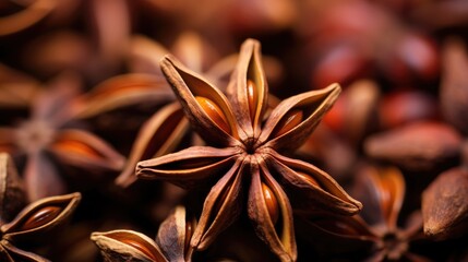 Detailed macro view of star anise showcasing its unique star-shaped pods and rich brown tones with seeds visible inside