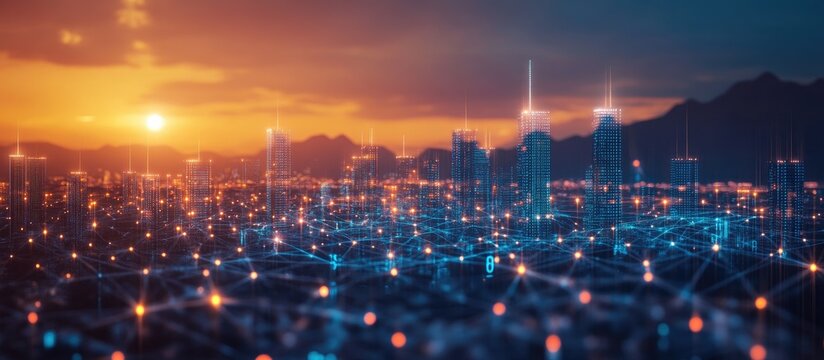 Urban development visualization with big data hologram overlay against skyscrapers at sunset showcasing interconnected cityscapes and technology.