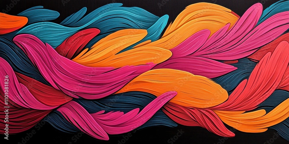 Poster a vibrant abstract design featuring flowing shapes in pink, orange, and blue against a dark backgrou