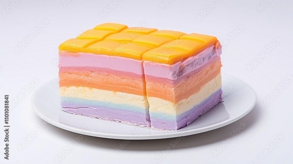 Poster layered colorful cake on a plate showcasing vibrant colors and smooth textures isolated on a white b