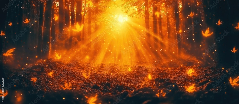 Poster golden sunlight filtering through trees illuminating a forest floor with autumn leaves creating a se