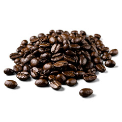 Fototapeta premium A heap of roasted coffee beans displayed on a white background, perfect for beverage advertising, coffee shop promotions, or barista themes. 