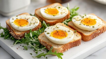 Ricotta and quail egg sandwiches atop fresh greens on a clean white board, beautifully arranged on a table for an appetizing presentation.