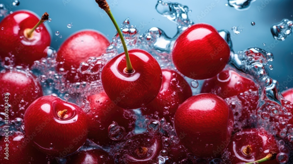 Poster fresh cherries splashing in water with bubbles creating a vibrant and refreshing natural scene for f