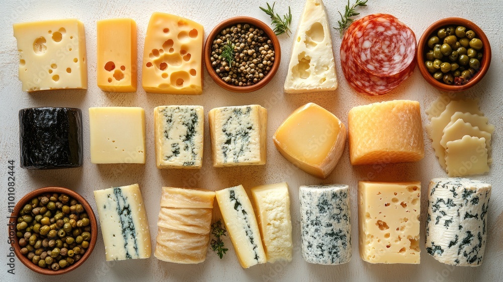Poster assorted cheese varieties and sliced meats arranged on a white background with herbs and spices for 