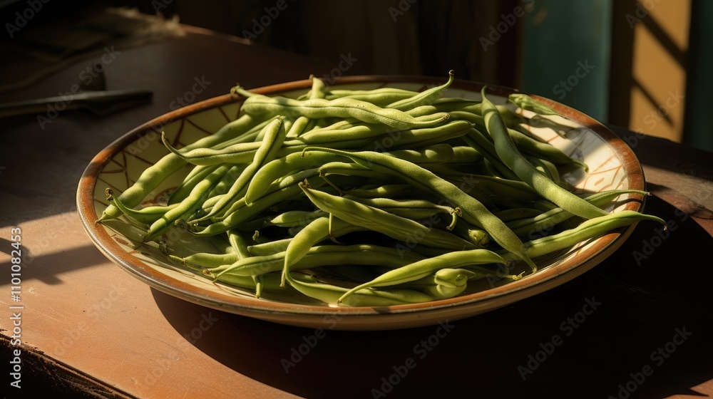 Poster Close up of fresh green string beans arranged on a decorative plate illuminated by warm sunlight creating an inviting atmosphere