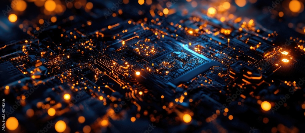 Poster futuristic circuit board with glowing lights representing advanced electronics technology and mainte