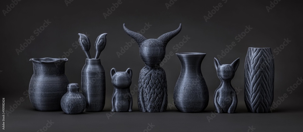 Poster 3d printed objects made from black polyamide showcasing innovative design and the versatility of add