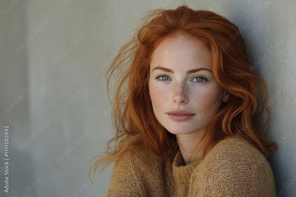 Canvas Prints Portrait of confident young woman with freckles and red hair leaning against wall