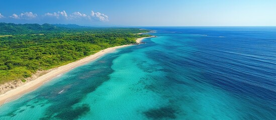 Obraz premium Aerial view of pristine blue bay waters and sandy beach under clear skies showcasing natural coastal beauty and lush greenery.