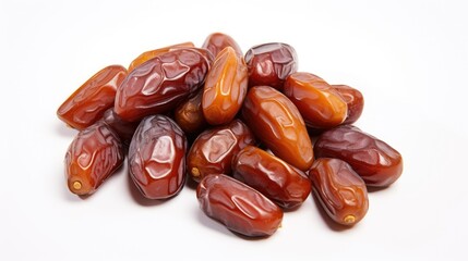 Obraz premium Fresh dates piled elegantly on a clean white background showcasing their rich texture and natural sweetness.