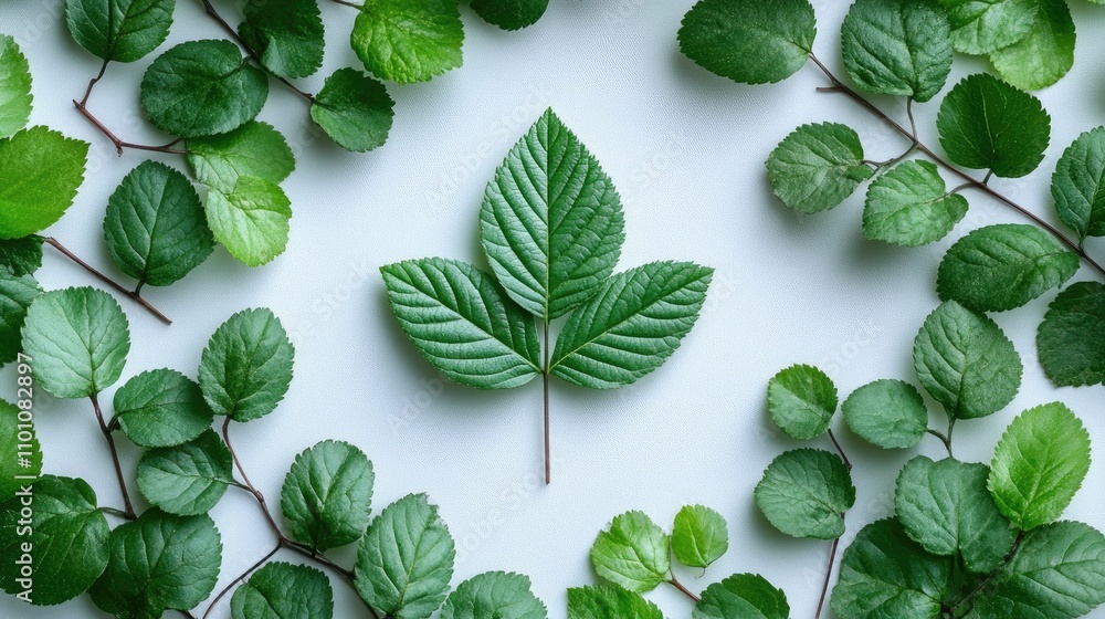 Poster fresh green leaves and twigs arranged in a circular layout creating a natural frame on a clean white