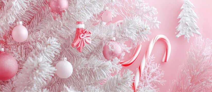 Pink holiday backdrop with fir tree and candy canes featuring winter decorations and copy space for festive messages or advertisements
