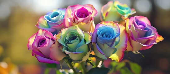 Colorful wedding bouquet of vibrant roses with soft blurred background showcasing floral beauty and elegance for special occasions.