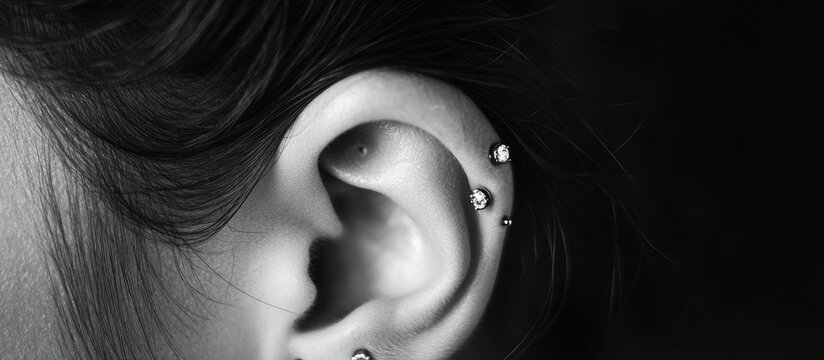 Close up of a human ear showcasing conch and helix piercings in a black and white aesthetic highlighting body jewelry details