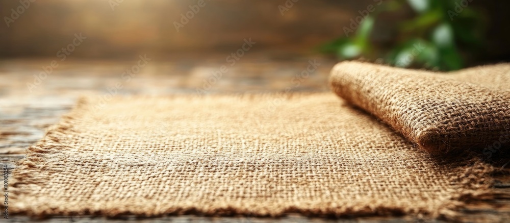 Aufkleber textured burlap fabric draped on a rustic wooden surface with natural light creating a warm atmosphe