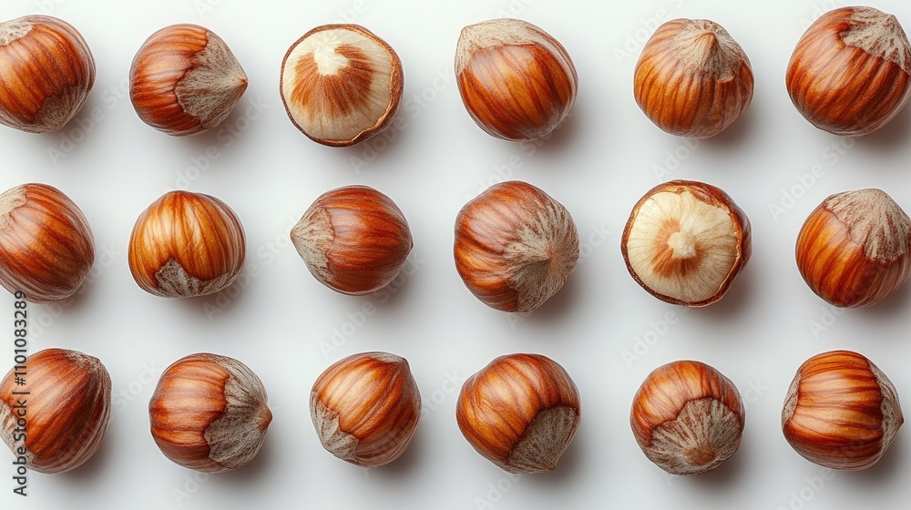 Aufkleber detailed macro shot of natural hazelnuts arranged on a white background showcasing their texture and