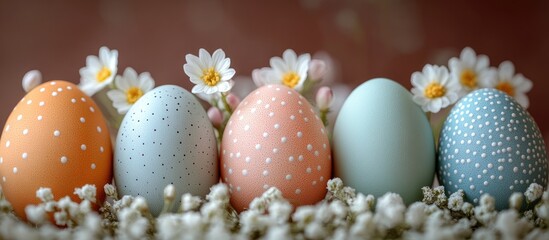 Obraz premium Colorful Easter eggs decorated with white flowers and greenery creating a vibrant spring atmosphere for festive celebrations