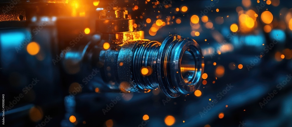 Poster close-up of a lathe machine component processing metal with sparks and light reflections showcasing 