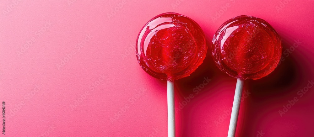 Poster close up view of two red lollipops on a pink background with ample copy space ideal for love and rom