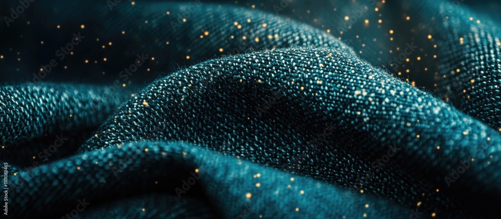 Poster close up of a textured blue denim fabric background featuring shimmering particles highlighting intr