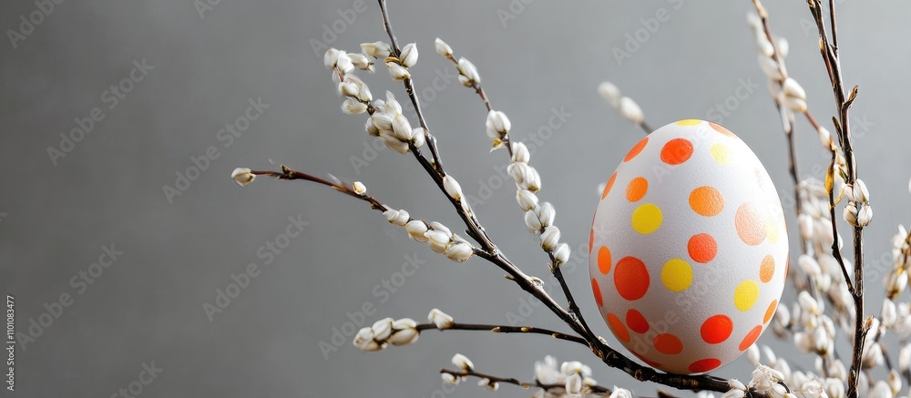 Aufkleber easter egg with colorful dots resting on willow branches against a softly blurred grey background