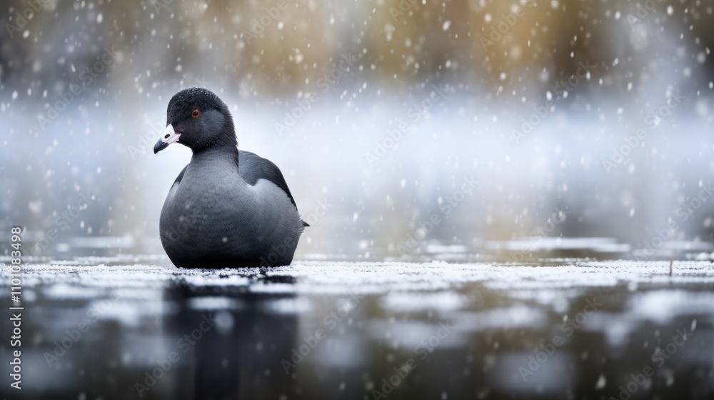 Aufkleber common coot swimming alone on a snowy lake with gentle snowfall creating a serene winter atmosphere 