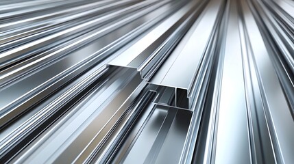 Obraz premium Close-up of shiny metallic bars arranged in parallel lines, showcasing diverse shapes and sizes, creating a dynamic perspective.